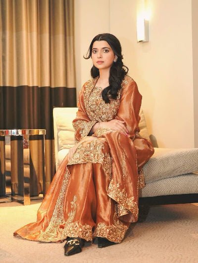 Rust Orange Silk Gold Zari Embroidered Palazzo Suit - BONYHUBSALWAR KAMEEZ