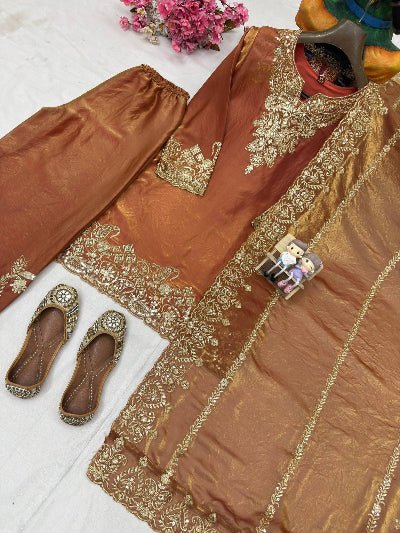 Rust Orange Silk Gold Zari Embroidered Palazzo Suit - BONYHUBSALWAR KAMEEZ