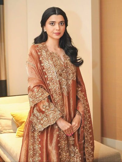 Rust Orange Silk Gold Zari Embroidered Palazzo Suit - BONYHUBSALWAR KAMEEZ