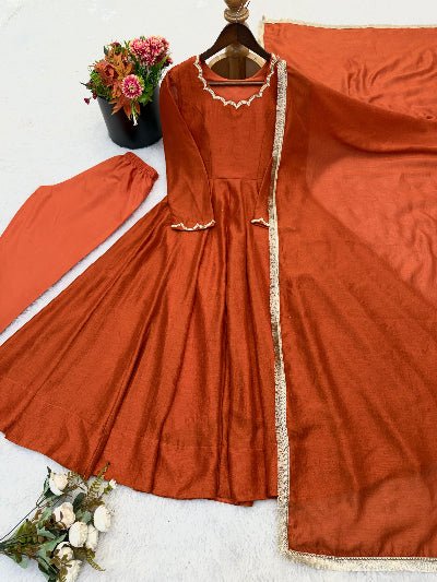 Rust Orange Vichitra Silk Anarkali Suit - BONYHUBSALWAR KAMEEZ