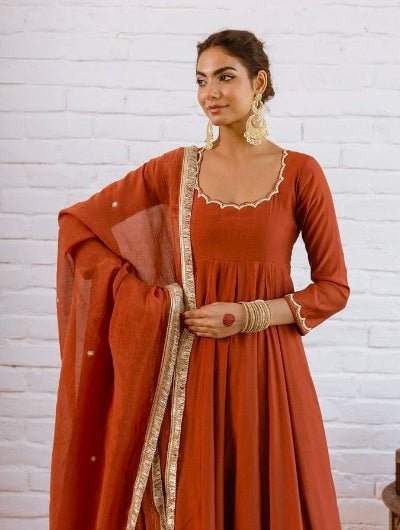 Rust Orange Vichitra Silk Anarkali Suit - BONYHUBSALWAR KAMEEZ