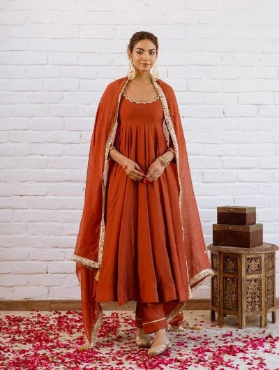 Rust Orange Vichitra Silk Anarkali Suit - BONYHUBSALWAR KAMEEZ