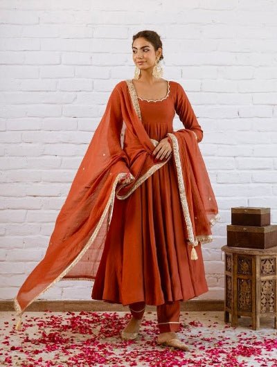 Rust Orange Vichitra Silk Anarkali Suit - BONYHUBSALWAR KAMEEZ