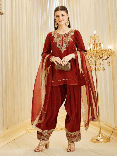 Rust Orange with Gold Embroidery Farshi Suit - BONYHUBSALWAR KAMEEZ