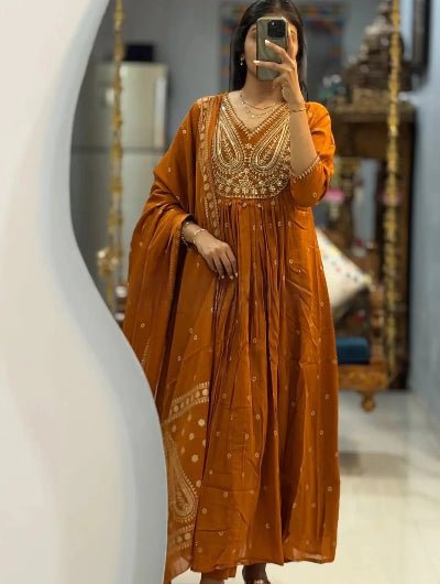 Rusty Orange ALine Flare Cotton Salwar suit
