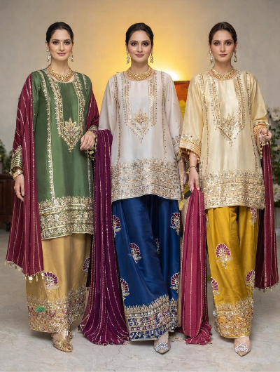 Luxury Ethnic Silk Embroidery Sequence Work Suit