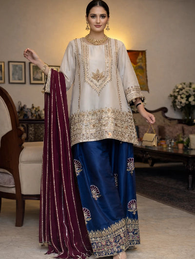 Luxury Ethnic Silk Embroidery Sequence Work Suit