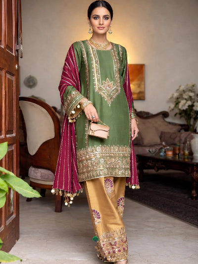 Luxury Ethnic Silk Embroidery Sequence Work Suit