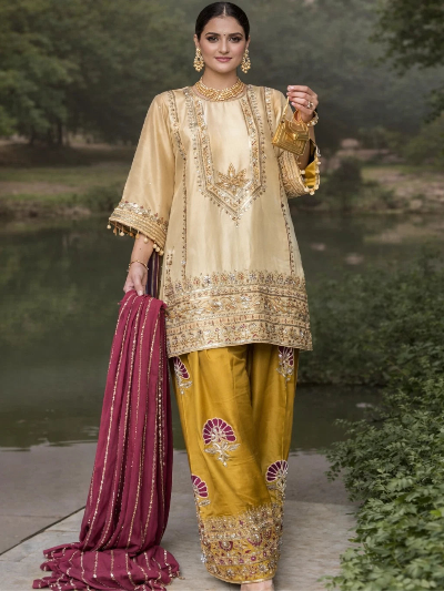 Luxury Ethnic Silk Embroidery Sequence Work Suit