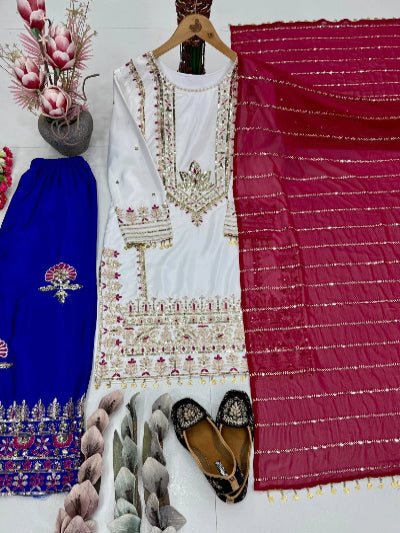 Luxury Ethnic Silk Embroidery Sequence Work Suit