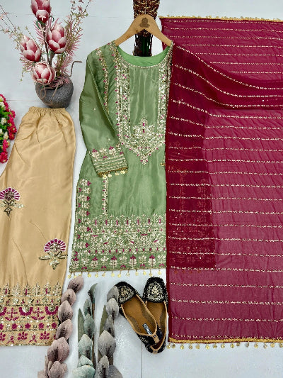 Luxury Ethnic Silk Embroidery Sequence Work Suit