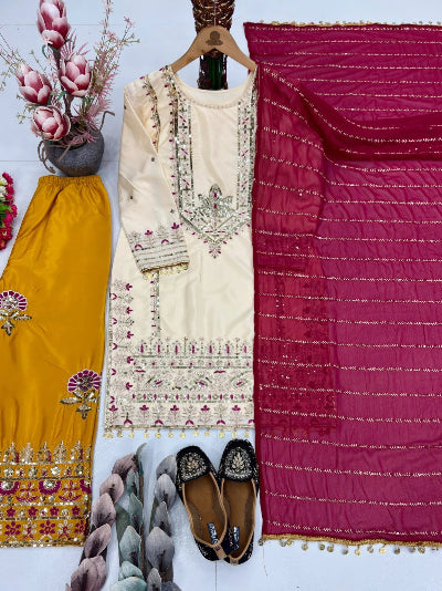 Luxury Ethnic Silk Embroidery Sequence Work Suit