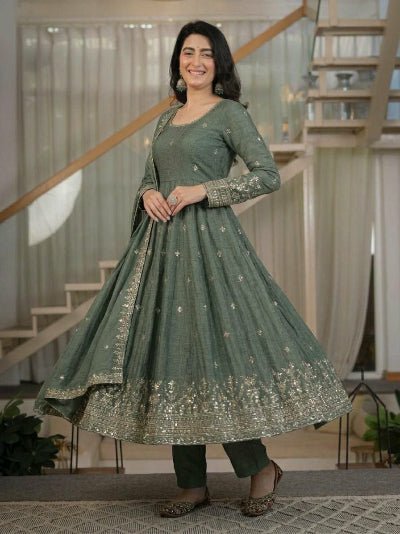 Sage Green Sequins Embroidered Anarkali Suit UK Next Day - BONYHUBSALWAR KAMEEZ