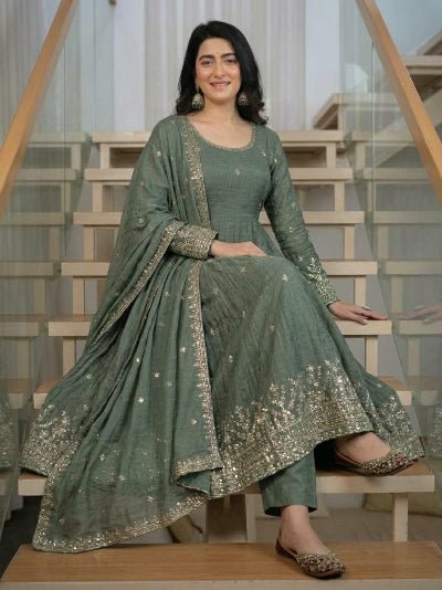 Sage Green Sequins Embroidered Anarkali Suit UK Next Day - BONYHUBSALWAR KAMEEZ
