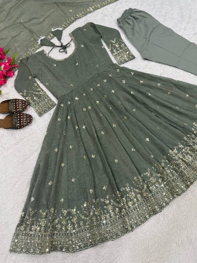 Sage Green Sequins Embroidered Anarkali Suit UK Next Day - BONYHUBSALWAR KAMEEZ