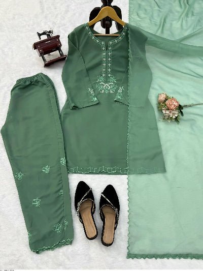 Sage Green Thread Embroidery Work Salwar Suit Set - BONYHUBSALWAR KAMEEZ