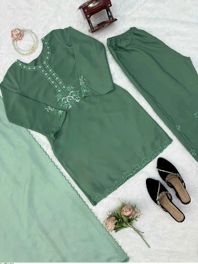 Sage Green Thread Embroidery Work Salwar Suit Set - BONYHUBSALWAR KAMEEZ
