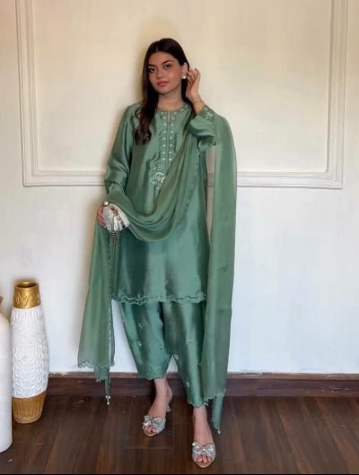 Sage Green Thread Embroidery Work Salwar Suit Set - BONYHUBSALWAR KAMEEZ