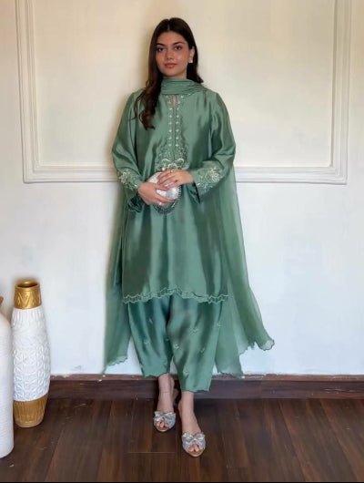 Sage Green Thread Embroidery Work Salwar Suit Set - BONYHUBSALWAR KAMEEZ
