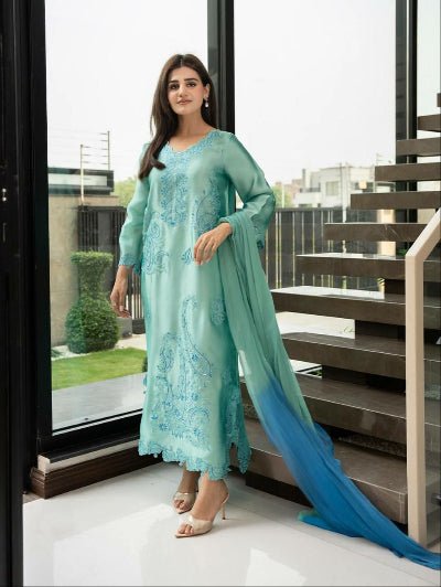 Sea Blue Embroidered Rayon Suit with Blue Shaded Dupatta for Women - BONYHUBSALWAR KAMEEZ
