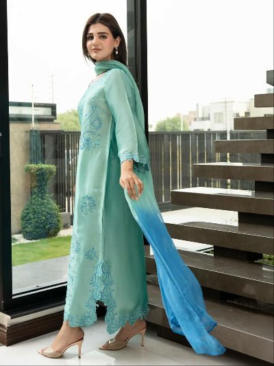 Sea Blue Embroidered Rayon Suit with Blue Shaded Dupatta for Women - BONYHUBSALWAR KAMEEZ