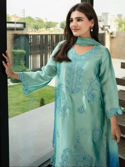 Sea Blue Embroidered Rayon Suit with Blue Shaded Dupatta for Women - BONYHUBSALWAR KAMEEZ