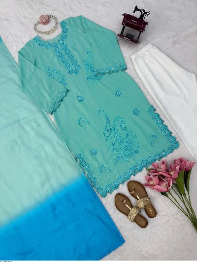 Sea Blue Embroidered Rayon Suit with Blue Shaded Dupatta for Women - BONYHUBSALWAR KAMEEZ