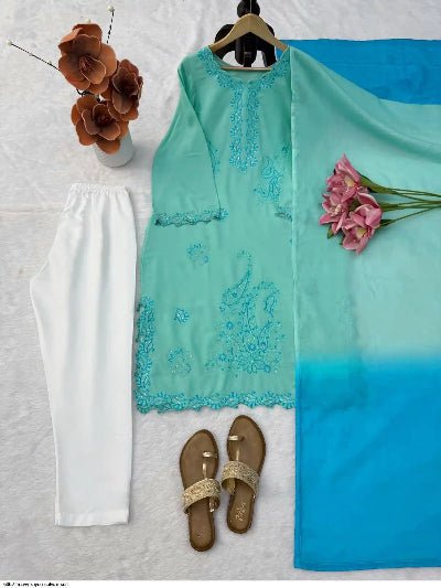 Sea Blue Embroidered Rayon Suit with Blue Shaded Dupatta for Women - BONYHUBSALWAR KAMEEZ