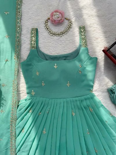Sea Blue Georgette Sleeveless Embroidered Anarkali Suit Set - BONYHUBSALWAR KAMEEZ