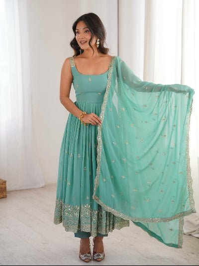 Sea Blue Georgette Sleeveless Embroidered Anarkali Suit Set - BONYHUBSALWAR KAMEEZ