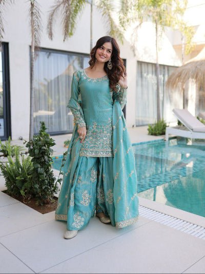 Sea Blue Zari Sequins Work Sharara Suit - BONYHUBSALWAR KAMEEZ