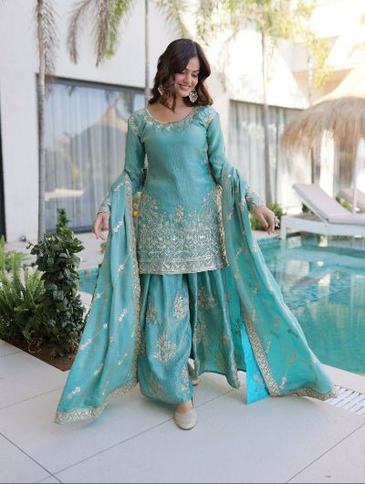 Sea Blue Zari Sequins Work Sharara Suit - BONYHUBSALWAR KAMEEZ