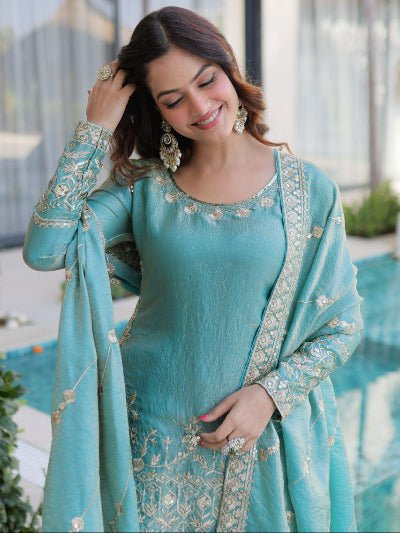 Sea Blue Zari Sequins Work Sharara Suit - BONYHUBSALWAR KAMEEZ