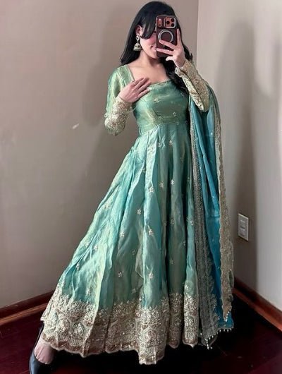 Sea Green Designer Fendy Silk Embroidery Anarkali Suit - BONYHUBSALWAR KAMEEZ
