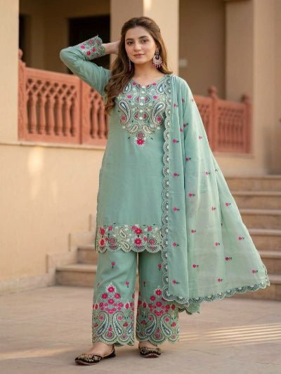 Sea Green Embroidered Palazzo Suit | Asian Ethnic Wear UK - BONYHUBSALWAR KAMEEZ