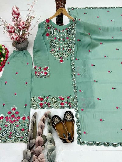 Sea Green Embroidered Palazzo Suit | Asian Ethnic Wear UK - BONYHUBSALWAR KAMEEZ