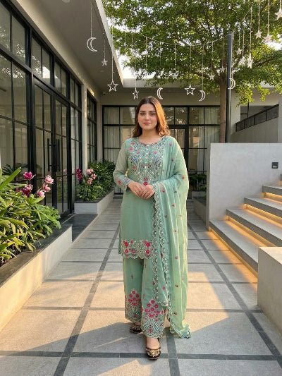 Sea Green Embroidered Palazzo Suit | Asian Ethnic Wear UK - BONYHUBSALWAR KAMEEZ