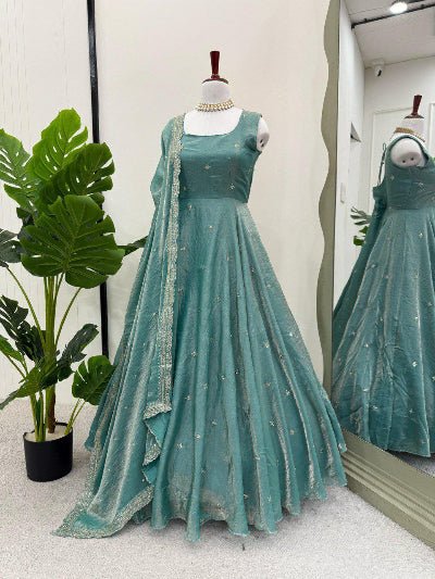 Sea Green Silk Blend Ethnic Anarkali Suit Set UK Next Day - BONYHUBSALWAR KAMEEZ