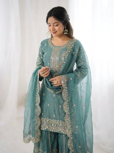 Seablue Embroidery Sequence Work Sharara Suit - BONYHUBSALWAR KAMEEZ