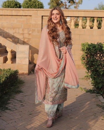 Seablue Pink Embroidery Sharara Suit UK Next Day - BONYHUBSALWAR KAMEEZ