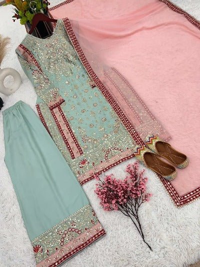 Seablue Pink Embroidery Sharara Suit UK Next Day - BONYHUBSALWAR KAMEEZ