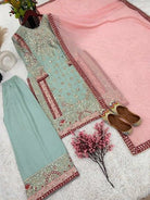 Seablue Pink Embroidery Sharara Suit UK Next Day - BONYHUBSALWAR KAMEEZ