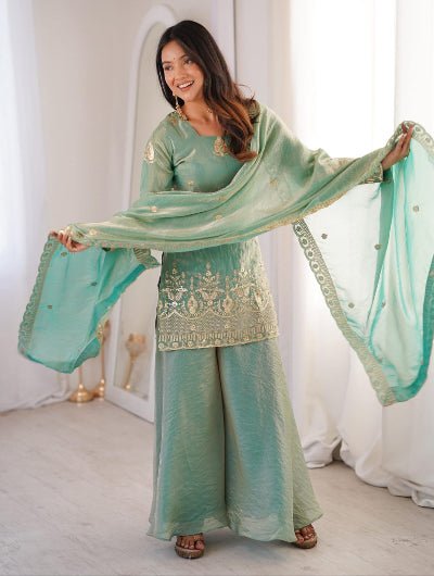 Seagreen Embroidered Sharara Suit UK | Women&