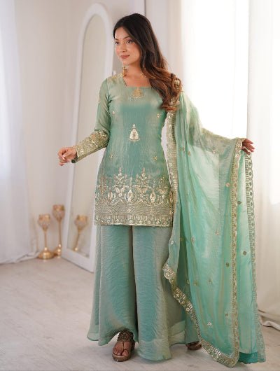 Seagreen Embroidered Sharara Suit UK | Women&
