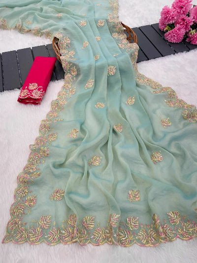 Seagreen Partywear Sequin Sari with Unstitched Blouse