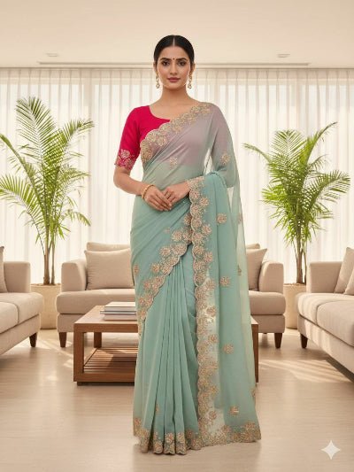 Seagreen Partywear Sequin Sari with Unstitched Blouse - BONYHUBSAREE