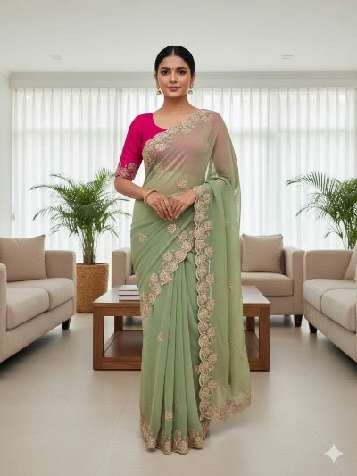 Seagreen Partywear Sequin Sari with Unstitched Blouse - BONYHUBSAREE
