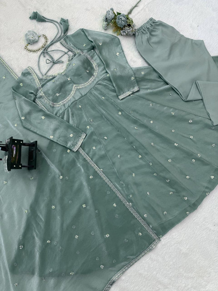Seagreen Silk Sequin Detailing Anarkali Suit UK Next Day - BONYHUBSALWAR KAMEEZ