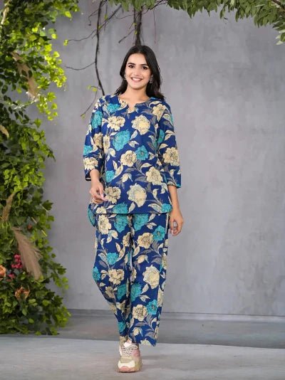 Serene Floral Blue Cotton Co - ord Set UK Next Day - BONYHUBsalwar suit