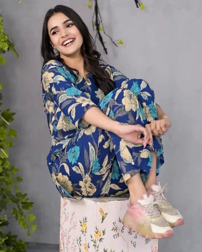 Serene Floral Blue Cotton Co - ord Set UK Next Day - BONYHUBsalwar suit
